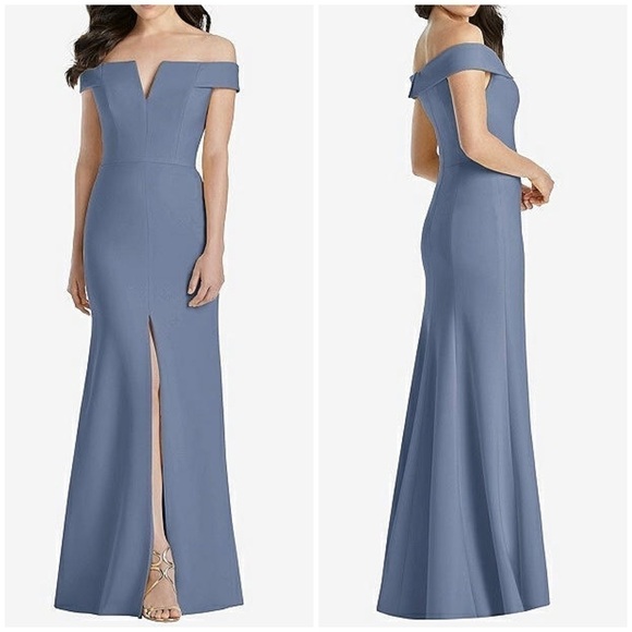 NWT Dessy Collection Off The Shoulder Trumpet Gown Bridesmaid Dress Larkspur 0 - Picture 1 of 11